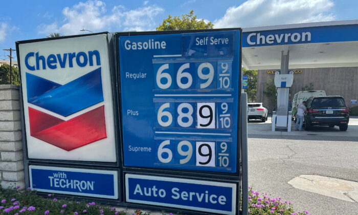 Gas prices are advertised at a Chevron station as rising inflation and oil costs affect the consumers in Los Angeles, California, on June 13, 2022. (Lucy Nicholson/Reuters)