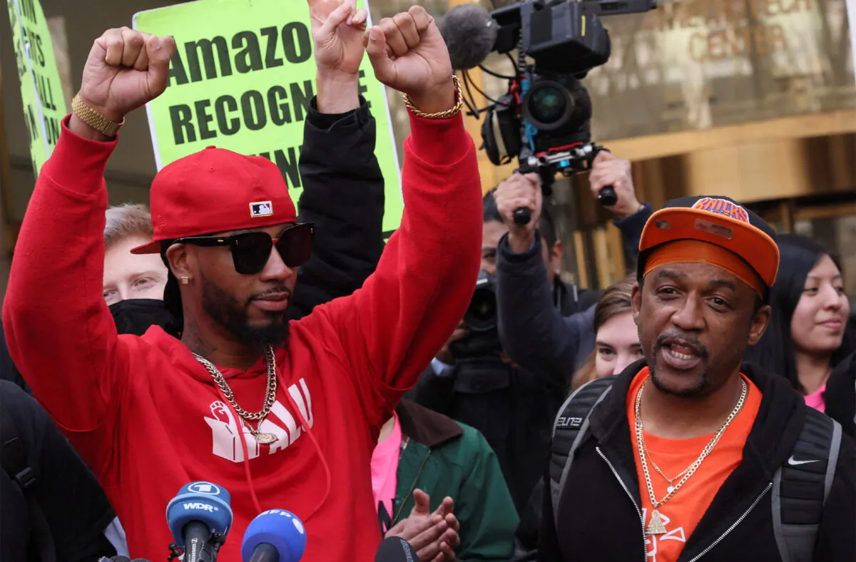 Amazon Labor Union (ALU) organizer Gerald Bryson speaks to the media as ALU members celebrate their unionization victory outside the National Labor Relations Board offices in the Brooklyn borough of New York City on April 1, 2022. (Brendan McDermid/Reuters)