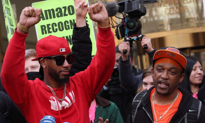 Amazon Labor Union (ALU) organizer Gerald Bryson speaks to the media as ALU members celebrate their unionization victory outside the National Labor Relations Board offices in the Brooklyn borough of New York City on April 1, 2022. (Brendan McDermid/Reuters)