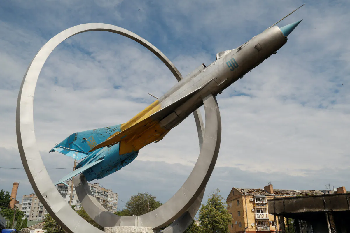 A monument to Ukrainian Air Forces is seen at a site of a Russian missile strike, as Russia's attack on Ukraine continues, in Vinnytsia, Ukraine, on July 15, 2022. (Valentyn Ogirenko/Reuters)