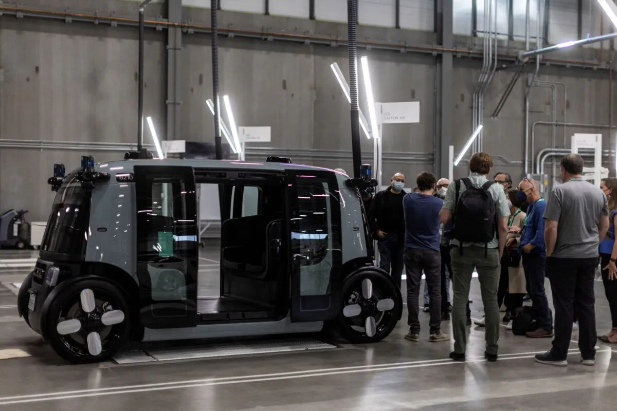 A Zoox self-driving vehicle on display during a media tour at the company’s factory in Fremont, Calif., on July 19, 2022. (Carlos Barria/Reuters)