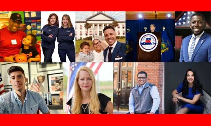 (Top L–R) Simi Bird, Tiffany Justice and Tina Descovich, Daniel Foganholi, Alison Esposito, and Willie Montague. (Bottom L–R) Corey Gibson, Christine Villaverde, Terry Namkung, and Mayra Flores, a new generation bringing diversity, youth, and a new perspective to the Republican Party. (Patricia Tolson/The Epoch Times)