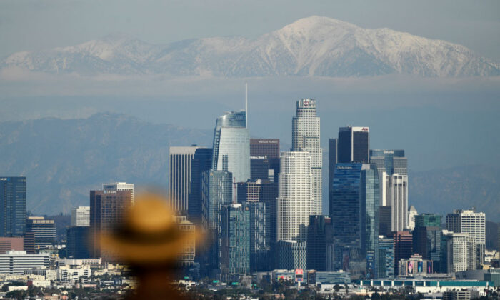 The Los Angeles downtown skyline seen from the Kenneth Hahn State Recreation Area in Los Angeles, Calif. on Dec. 15, 2021  (PATRICK T. FALLON/Getty Images)