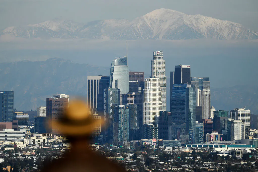 The Los Angeles downtown skyline seen from the Kenneth Hahn State Recreation Area in Los Angeles, Calif. on Dec. 15, 2021  (PATRICK T. FALLON/Getty Images)
