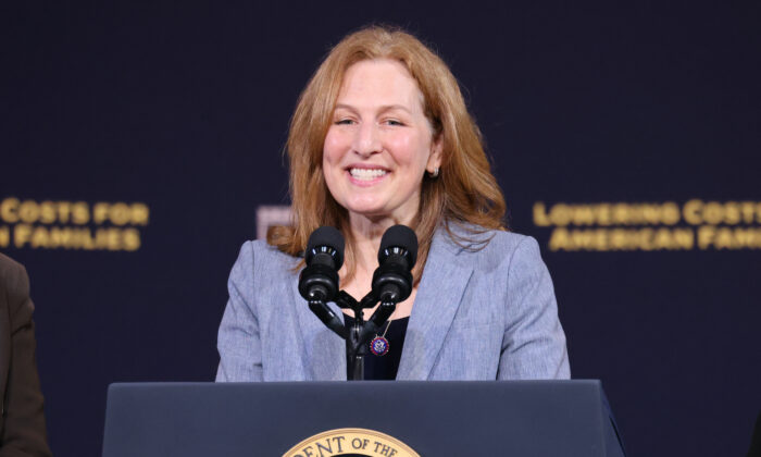 Representative Kim Schrier (D-Wash.) speaks prior to an appearance by President Joe Biden at Green River College on April 22, 2022, in Auburn, Washington. (Karen Ducey/Getty Images)