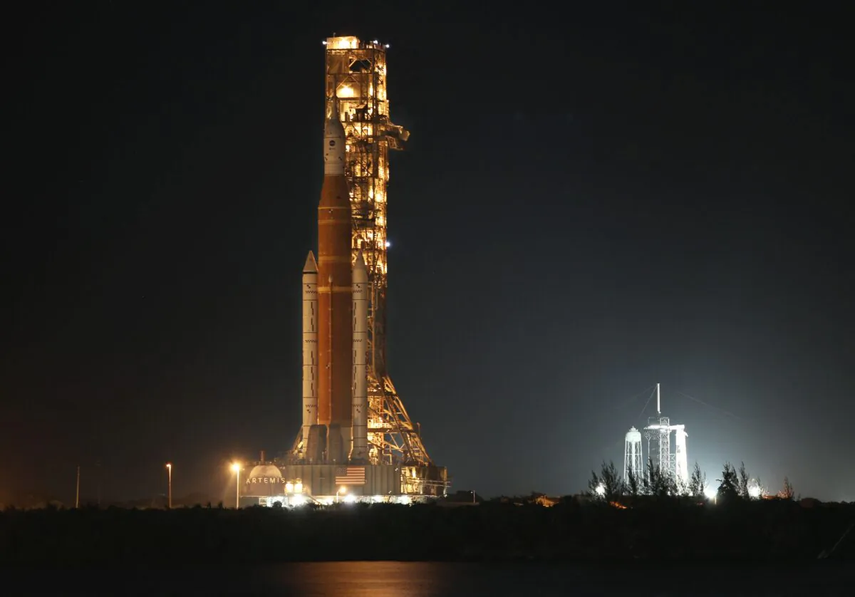 The massive Artemis I rocket atop its mobile launch platform back to the Vehicle Assembly Building at the Kennedy Space Center in Florida on April 26, 2022. (Gregg Newton/AFP via Getty Images)