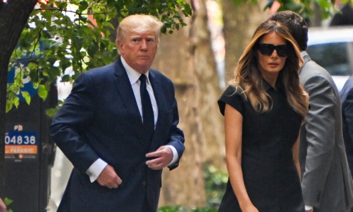 Former President Donald Trump (L) and former First Lady Melania Trump (R) arrive for the funeral of Ivana Trump at St. Vincent Ferrer Roman Catholic Church in New York on July 20, 2022. (Alexi J. Rosenfeld/Getty Images)