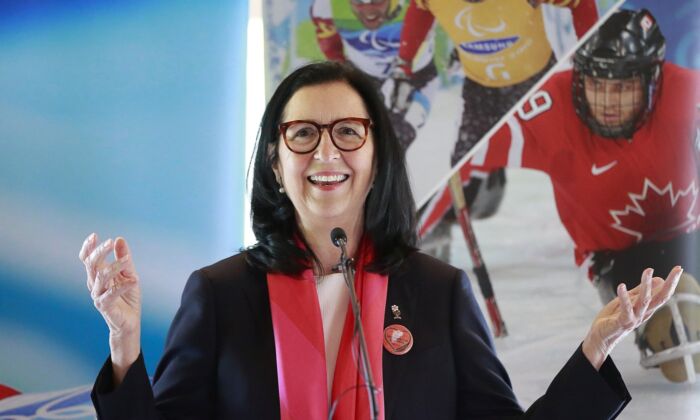 Tricia Smith, President of the Canadian Olympic Committee, takes part in a joint press conference between the Canadian Olympic Committee, the Four Host First Nations, and the cities of Vancouver and Whistler where the “hosting concept" for the 2030 Winter Olympics bid was unveiled in Whistler, B.C., on June 14, 2022. (The Canadian Press/Jeff Vinnick)