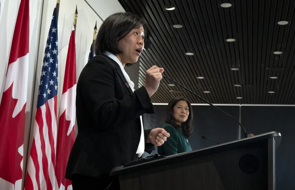 Minister of Economic Development, Minister of International Trade and Minister of Small Business and Export Promotion Mary Ng, right, looks on as United States Trade Representative Katherine Tai speaks during a joint news conference in Ottawa, May 5, 2022. (The Canadian Press/Adrian Wyld)