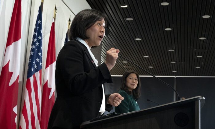 Minister of Economic Development, Minister of International Trade and Minister of Small Business and Export Promotion Mary Ng, right, looks on as United States Trade Representative Katherine Tai speaks during a joint news conference in Ottawa, May 5, 2022. (The Canadian Press/Adrian Wyld)