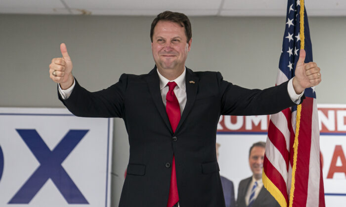 Dan Cox, a candidate for the Republican gubernatorial nomination, reacts to his primary win in Emmitsburg, Maryland, on July 19, 2022. (Nathan Howard/Getty Images)