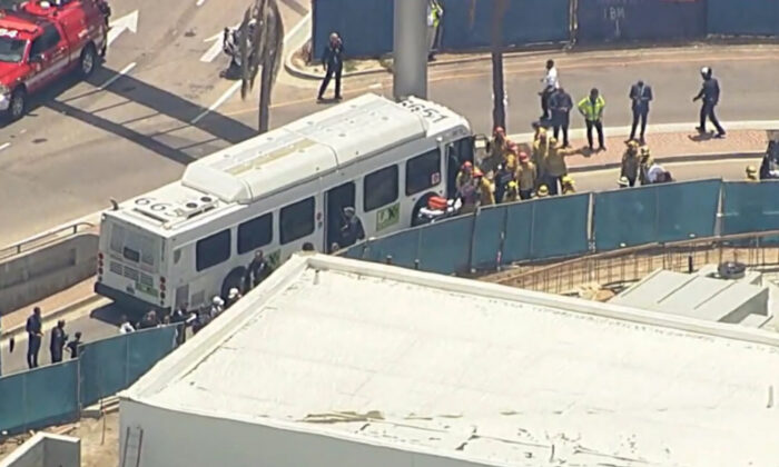 Shuttle bus crashed at Los Angeles International Airport where multiple people were injured and at least two people seriously, in Los Angeles, on July 21, 2022. (ABC7 Los Angeles via AP)
