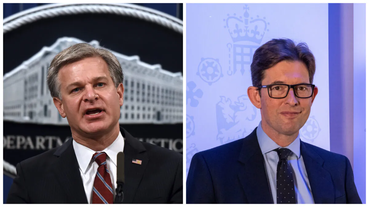 Federal Bureau of Investigation Director Christopher Wray (L)  during a press conference at the Department of Justice in Washington on Sept. 22, 2020. (Olivier Douliery/POOL/AFP via Getty Images), MI5 Director General Ken McCallum (R) in London, Britain October 14, 2020. (UK Government/Handout via Reuters)