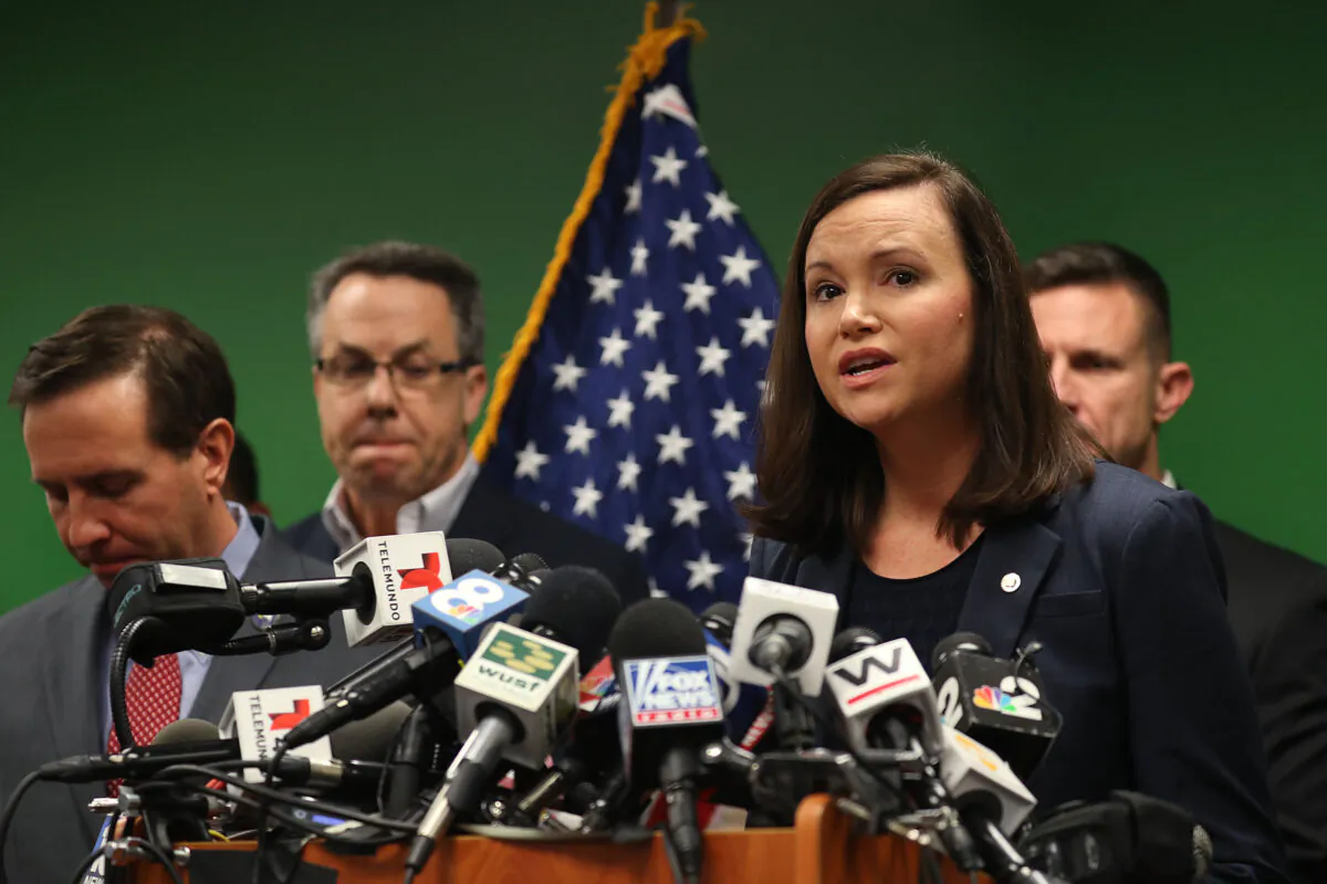 Ashley Moody, Florida's Attorney General, speaks to the media about the shooting at a SunTrust Bank branch in Sebring, Florida, on Jan. 24, 2019. (Joe Raedle/Getty Images)