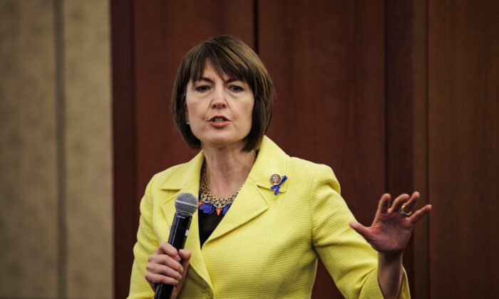 Rep. Cathy McMorris Rodgers (R-Wash.) speaks during a town hall event hosted by House Republicans in Washington on March 1, 2022. (Samuel Corum/Getty Images)