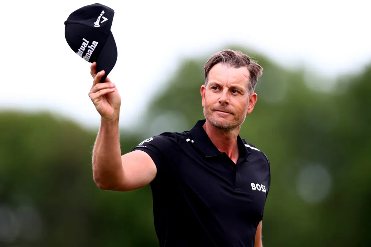 Henrik Stenson of Sweden acknowledges the crowd during Day Four of the Volvo Car Scandinavian Mixed at Halmstad Golf Club,in Halmstad, Sweden, on June 12, 2022. (Naomi Baker/Getty Images)
