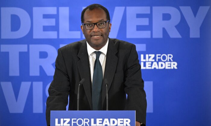 Britain's Business Secretary Kwasi Kwarteng delivers a speech at the launch of the campaign of Foreign Secretary Liz Truss (not seen) to become the next leader of the Conservative Party, in London, on July 14, 2022. (Justin Tallis/AFP via Getty Images)