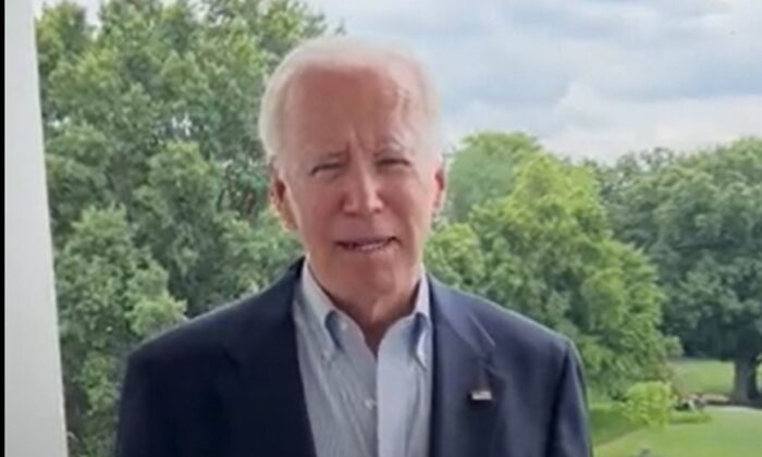 President Joe Biden appeared in a video to speak about his COVID-19 case that was uploaded to his Twitter account on July 21, 2022. (President Joe Biden/Twitter screenshot via The Epoch Times)