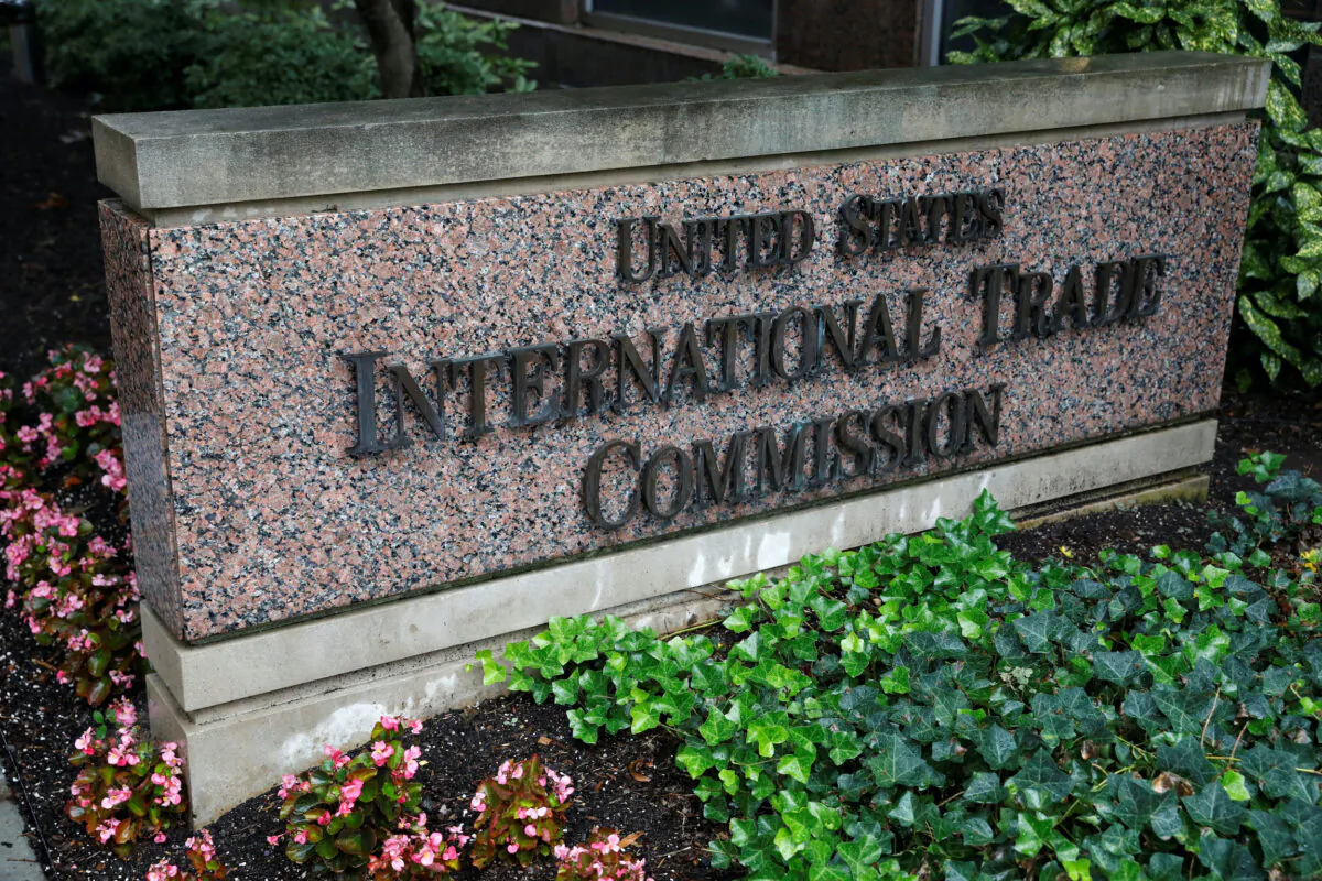 Signage outside the U.S. International Trade Commission in Washington on Aug. 31, 2020. (Andrew Kelly/Reuters)