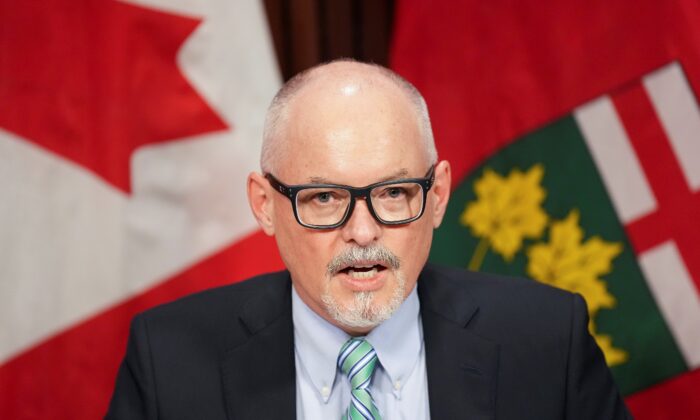 Dr. Kieran Moore, Ontario's chief medical officer of health, speaks at a press conference during the COVID-19 pandemic, at Queen’s Park in Toronto on April 11, 2022. (The Canadian Press/
Nathan Denette)