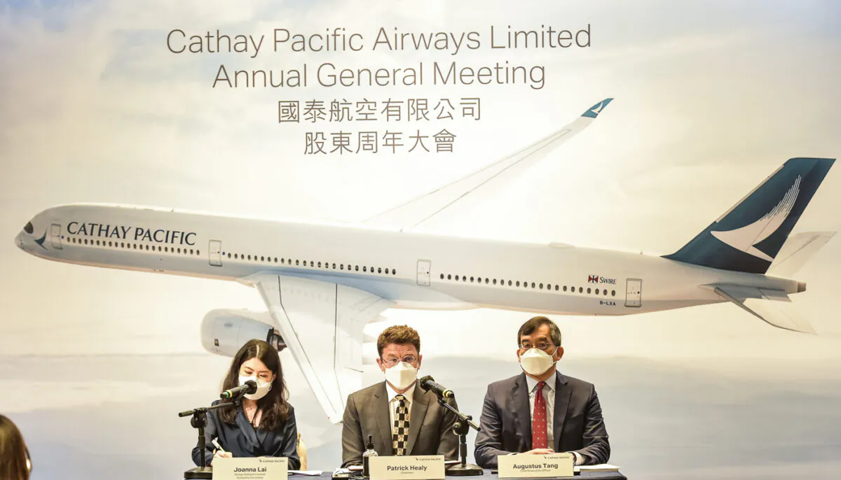 Cathay Pacific Airways AGM in Hong Kong on May 11, 2022. Cathay slumped to a record loss in 2021 and cut back jobs. In the 2022 airline rankings, it has dropped out of the top ten airlines in the latest airline rankings and is now in 11th place. (Bill Cox/The Epoch Times)