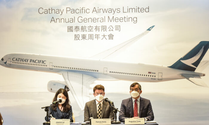 Cathay Pacific Airways AGM in Hong Kong on May 11, 2022. Cathay slumped to a record loss in 2021 and cut back jobs. In the 2022 airline rankings, it has dropped out of the top ten airlines in the latest airline rankings and is now in 11th place. (Bill Cox/The Epoch Times)