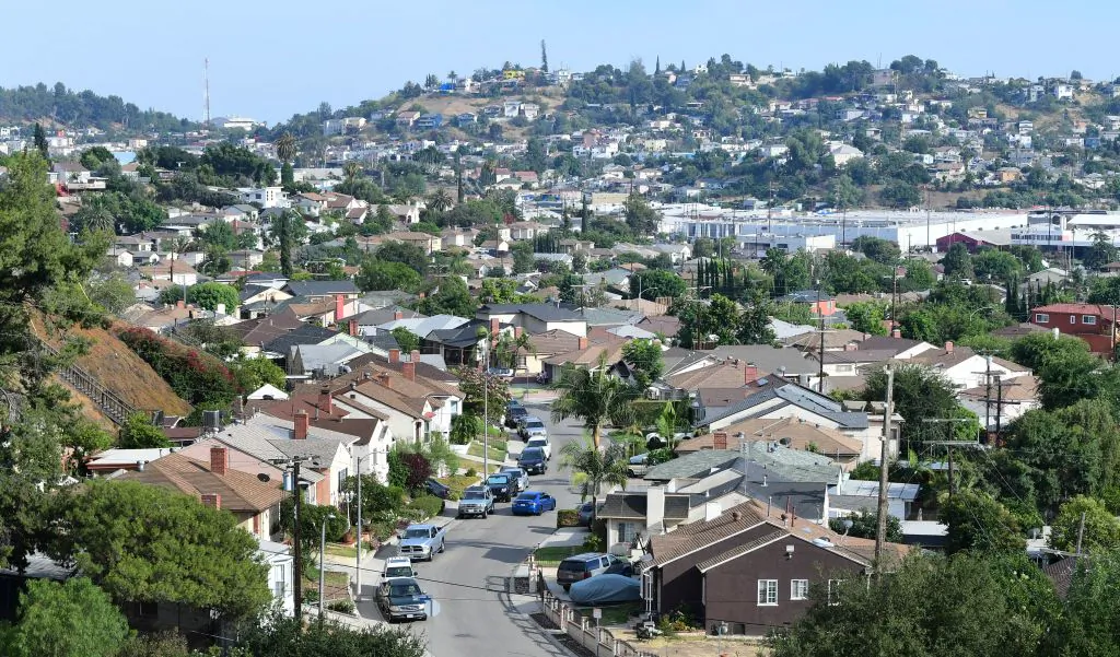 Single-family homes crowd a Los Angeles neighborhood, on July 30, 2021. (Frederic J. Brown/AFP via Getty Images)