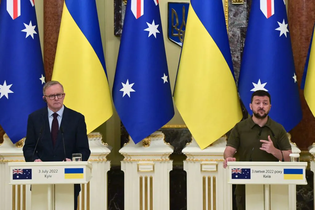 Ukrainian President Volodymyr Zelenskyy (R) and Australia's Prime Minister Anthony Albanese (L) give a press conference at Mariynsky Palace in Kyiv, Ukraine, on July 3, 2022. (Miguel Medina/AFP via Getty Images)