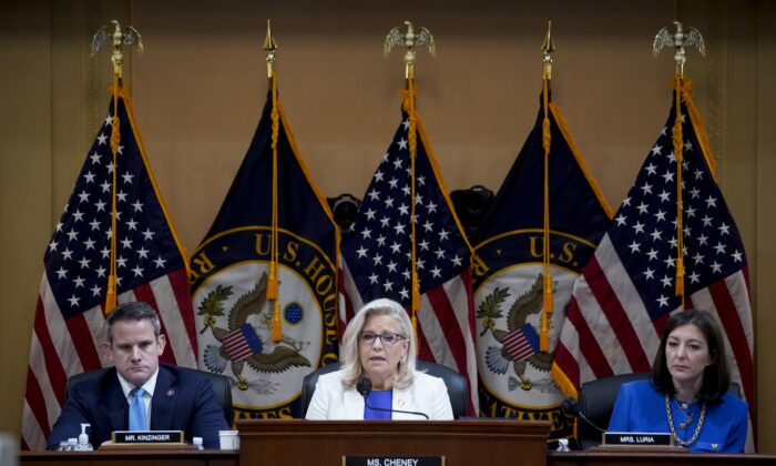 Rep. Liz Cheney (R-Wyo.) (C) speaks during a January 6 committee hearing  in Washington on July 21, 2022. (Al Drago-Pool/Getty Images)