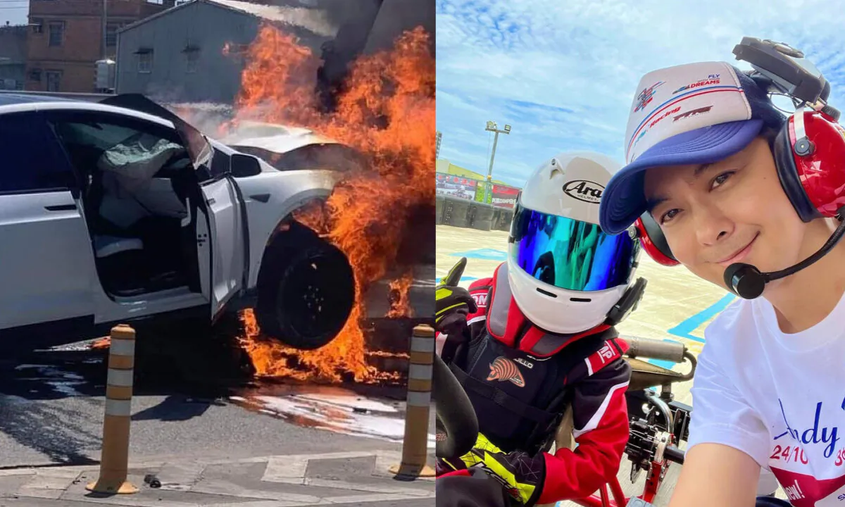 Left: Jimmy Lin's Tesla crashed and burnt into ashes on July 22, 2022. (New Reporter). Right: Jimmy Lin and his son Jenson in a car racing. (Jimmy Lin's IG)