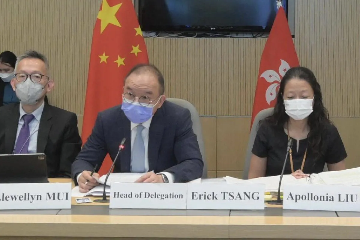 On July 7, 8 and 12, 2022, the Hkgov commission, led by Secretary for Constitutional and Mainland Affairs, Erick Tsang Kwok-wai (center), attended the UN Human Rights Committee review of Hong Kong’s implementation of the International Covenant on Civil and Political Rights. (Photo of Information Services Department)