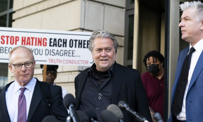 Former White House strategist Steve Bannon (C), speaks with reporters as he departs federal court in Washington on July 22, 2022. (Alex Brandon/AP Photo)