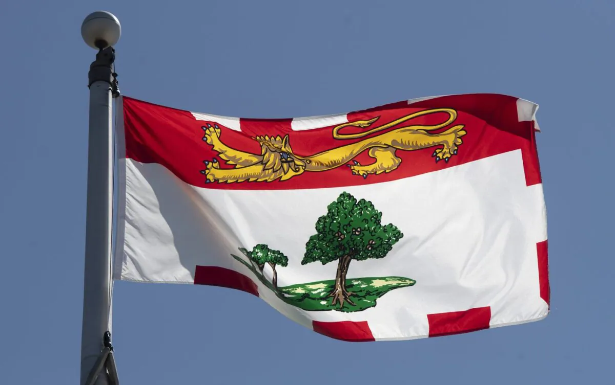 Prince Edward Island's provincial flag flies on a flag pole in Ottawa on July 6, 2020. (The Canadian Press/Adrian Wyld)