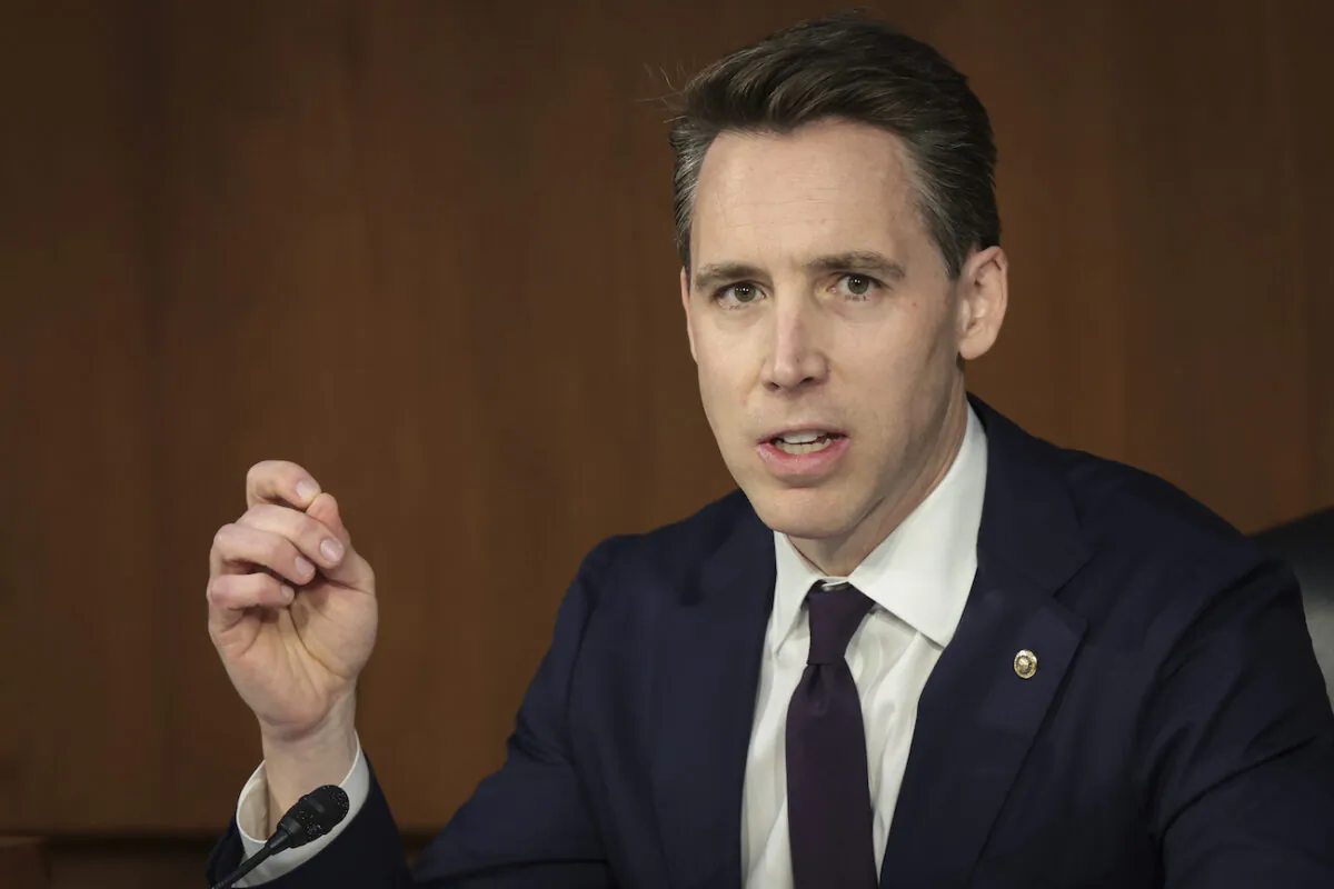 Sen. Josh Hawley (R-Mo.) speaks during a Senate Judiciary Committee business meeting on Capitol Hill in Washington, on April 4, 2022. (Win McNamee/Getty Images)