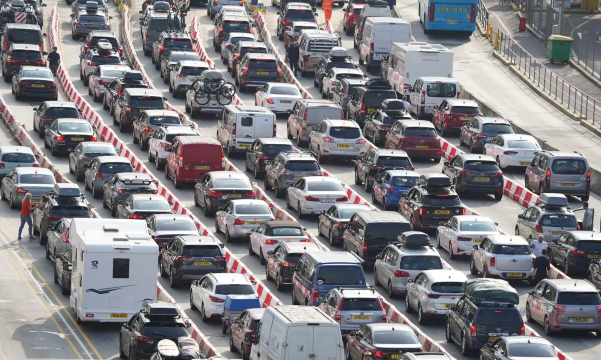 Cars queue at the check-in at the Port of Dover in Kent on July 23, 2022. (Gareth Fuller/PA Media)