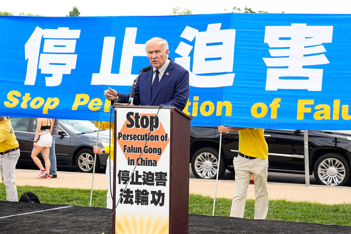 Rep. Steve Chabot (R-Ohio) speaks at a rally commemorating the 23rd anniversary of the launch of the Chinese regime's persecution of the spiritual group Falun Gong, held on the National Mall in Washington on July 21, 2022. (Larry Dye/The Epoch Times)