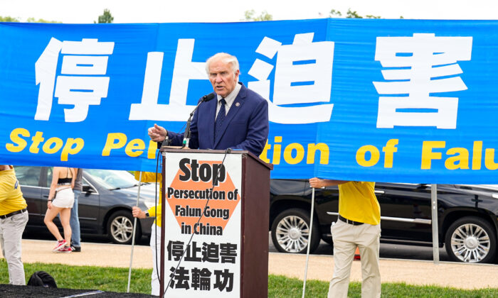 Rep. Steve Chabot (R-Ohio) speaks at a rally commemorating the 23rd anniversary of the launch of the Chinese regime's persecution of the spiritual group Falun Gong, held on the National Mall in Washington on July 21, 2022. (Larry Dye/The Epoch Times)