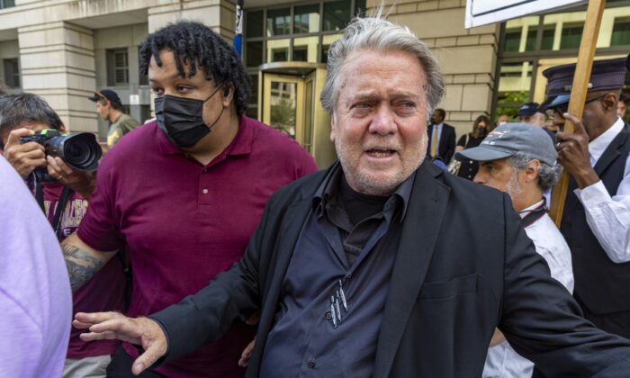 Former White House strategist Stephen Bannon leaves the federal courthouse in Washington on July 22, 2022. (Tasos Katopodis/Getty Images)