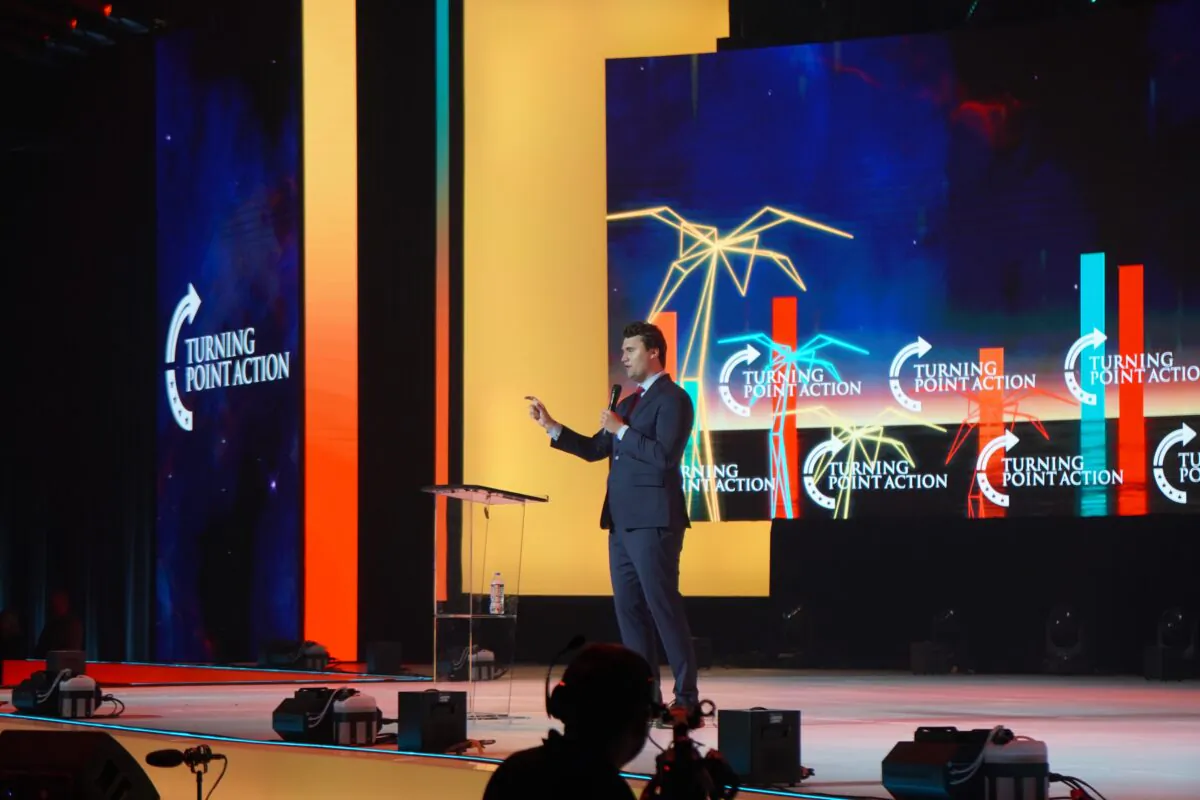 Turning Point USA founder Charlie Kirk addresses the crowd the Student Action Summit in Tampa on July 23. (Natasha Holt/The Epoch Times)
