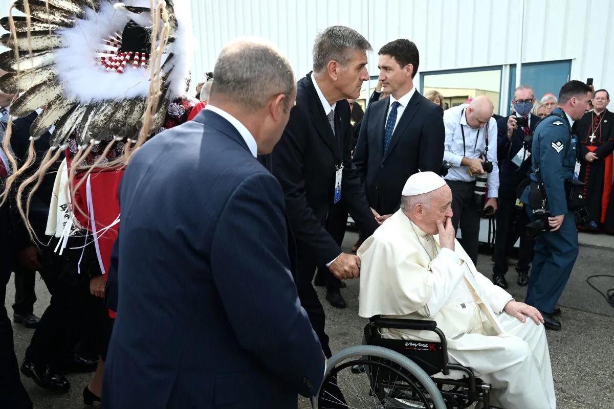 Pope Francis arrives in Canada after landing at Edmonton International Airport, on July 24, 2022. (Vincenzo Pinto via Getty Images)