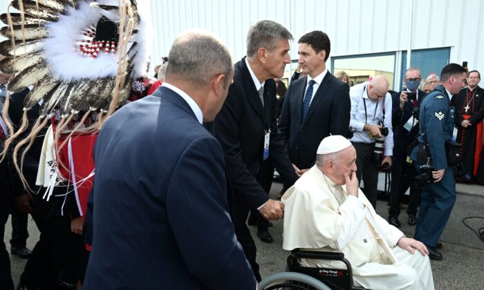 Pope Francis arrives in Canada after landing at Edmonton International Airport, on July 24, 2022. (Vincenzo Pinto via Getty Images)