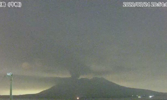 Volcano Sakurajima in Japan's Kagoshima Prefecture, erupts on July 24, 2022, in a video grab from the Japan Meteorological Agency's live camera image. (Japan Meteorological Agency/Handout via Reuters)