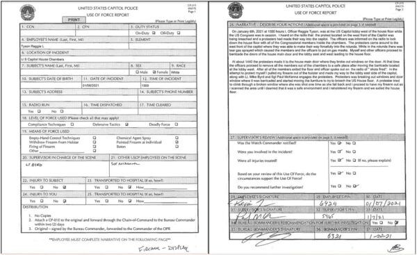 Use of Force Report filed by Reggie Tyson of the United States Capitol Police regarding the shooting of Ashli Babbitt in the United States Capitol Building on January 6, 2021 by Lieutenant Byrd.