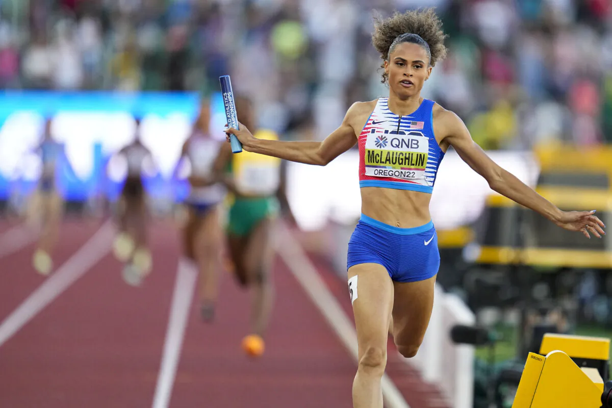 Sydney Mclaughlin of the United States wins the women's 4x400-meter relay final at the World Athletics Championships in Eugene, Ore., on July 24, 2022. (Ashley Landis/AP Photo)