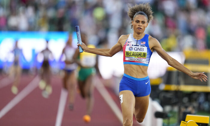 Sydney Mclaughlin of the United States wins the women's 4x400-meter relay final at the World Athletics Championships in Eugene, Ore., on July 24, 2022. (Ashley Landis/AP Photo)