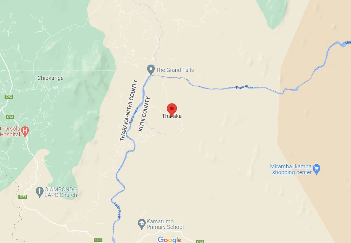 A map shows the location of Tharaka Nithi County, Kenya on July 25, 2022. (Google Maps)
