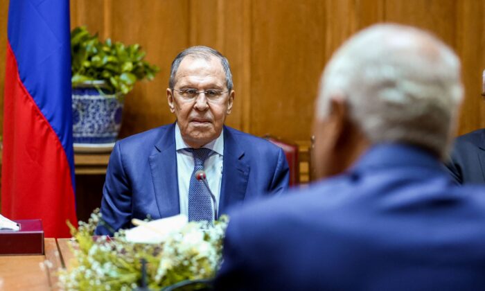 Russian Foreign Minister Sergei Lavrov attends a meeting with Arab League Secretary General Ahmed Aboul Gheit in Cairo, Egypt, on July 24, 2022. (Russian Foreign Ministry/Handout via Reuters)