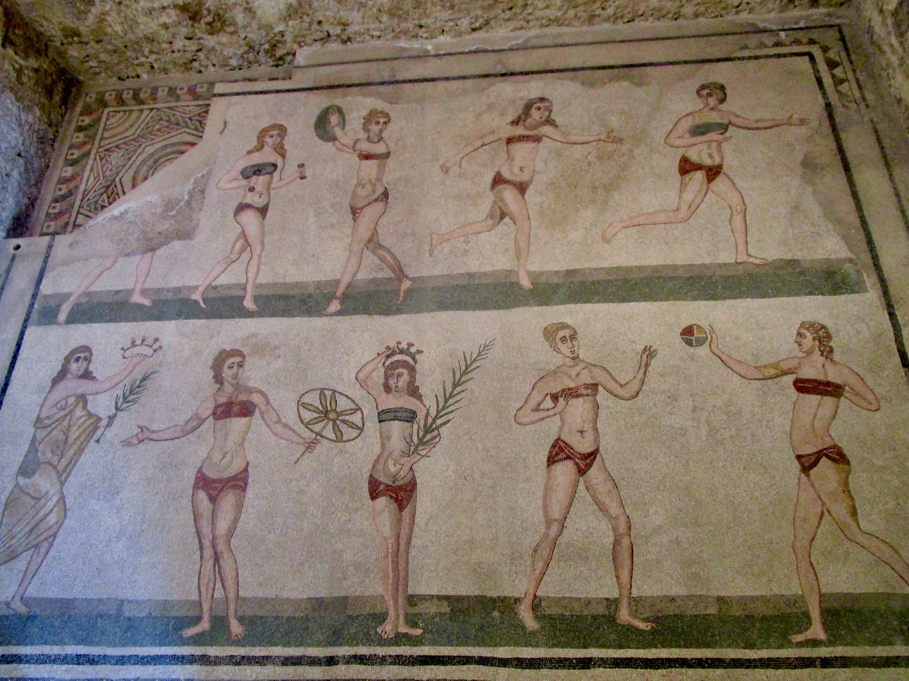 Mosaics depicting acrobats can be seen at Villa Romana del Casale, near Piazza Armerina, Sicily. 