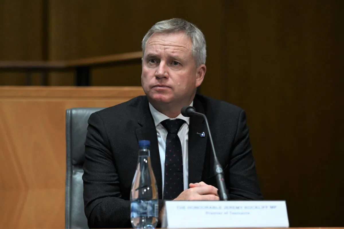 Tasmania’s Premier Jeremy Rockliff at a press conference at Parliament House in Canberra, Australia, on June 17, 2022. (AAP Image/Mick Tsikas)