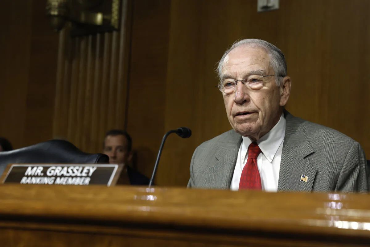 Senate Judiciary Ranking Member Chuck Grassley (R-Iowa) speaks at a hearing with the Senate Judiciary Committee in the Dirksen Senate Office Building in Washington on July 12, 2022. (Anna Moneymaker/Getty Images)